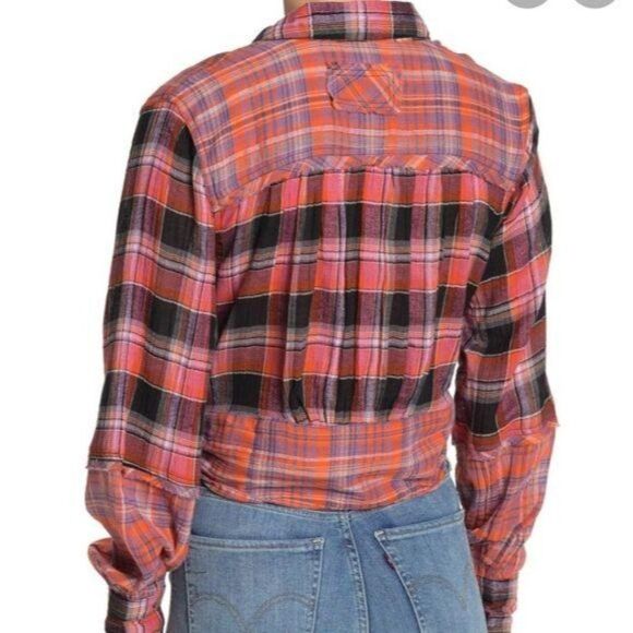 NWT Free People First Bloom Plaid Buttoned Tie Front Blouse Small - Picture 4 of 16